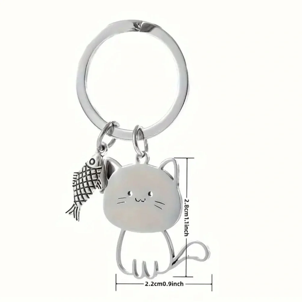 Whimsical Cat with Fish Key Ring Keychain with Dangle Charms